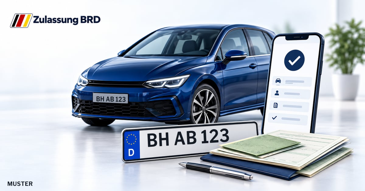 Online Fahrzeugzulassung in Gaggenau: Musterkennzeichen BH AB 123, Auto und Fahrzeugpapiere und Smartphone. Illustration mit Logo von Zulassung BRD.